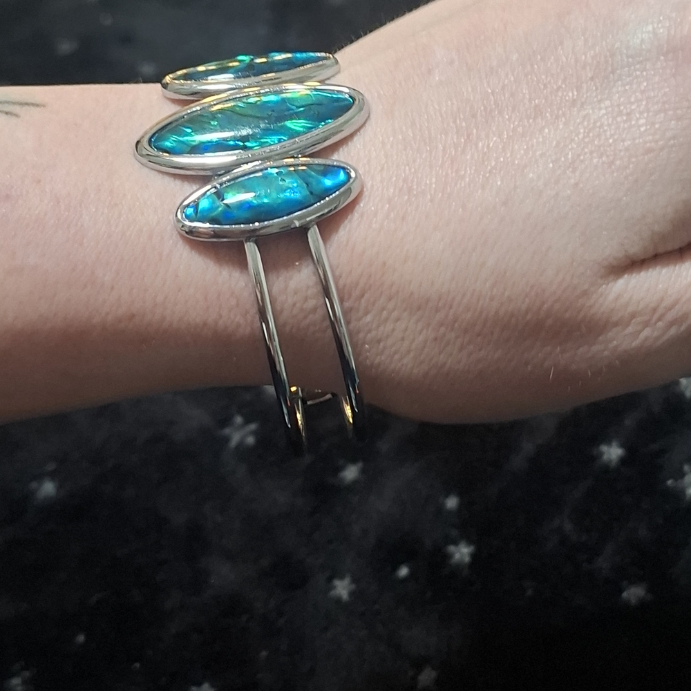 🐚Abalone Puau Shell Blue Green Mother Of Pearl Silver Hinge Cuff Bracelet - Picture 7 of 10